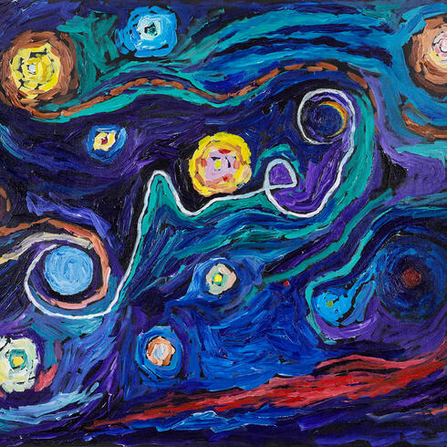 "Chaos Trajectory to the Moon," one of Prof. Belbruno's favorite paintings.